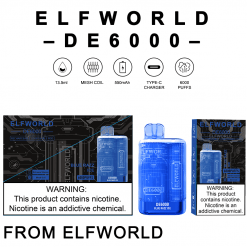 Elfworld DE 6000, 6000 Puffs Disposable Vape bar Bluerazz Ice flavor Bulk wholesale